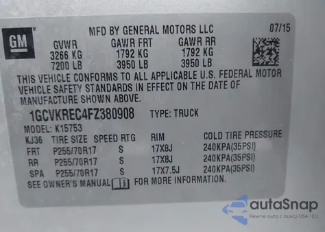 2015 Chevrolet Silverado 1500 1Lt z USA, uszkodzony, nr VIN 1GCVKREC4FZ380908